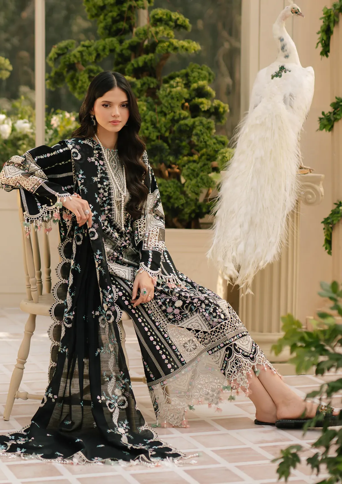 Bin Ilyas Luxury Black Embroidered 3-Piece Unstitched Lawn Suit with Cutwork Dupatta