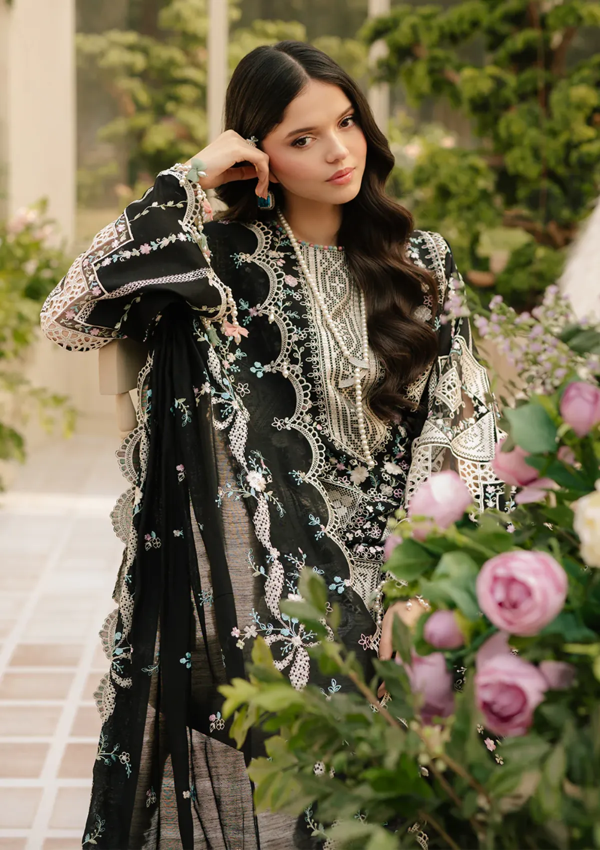 Bin Ilyas Luxury Black Embroidered 3-Piece Unstitched Lawn Suit with Cutwork Dupatta