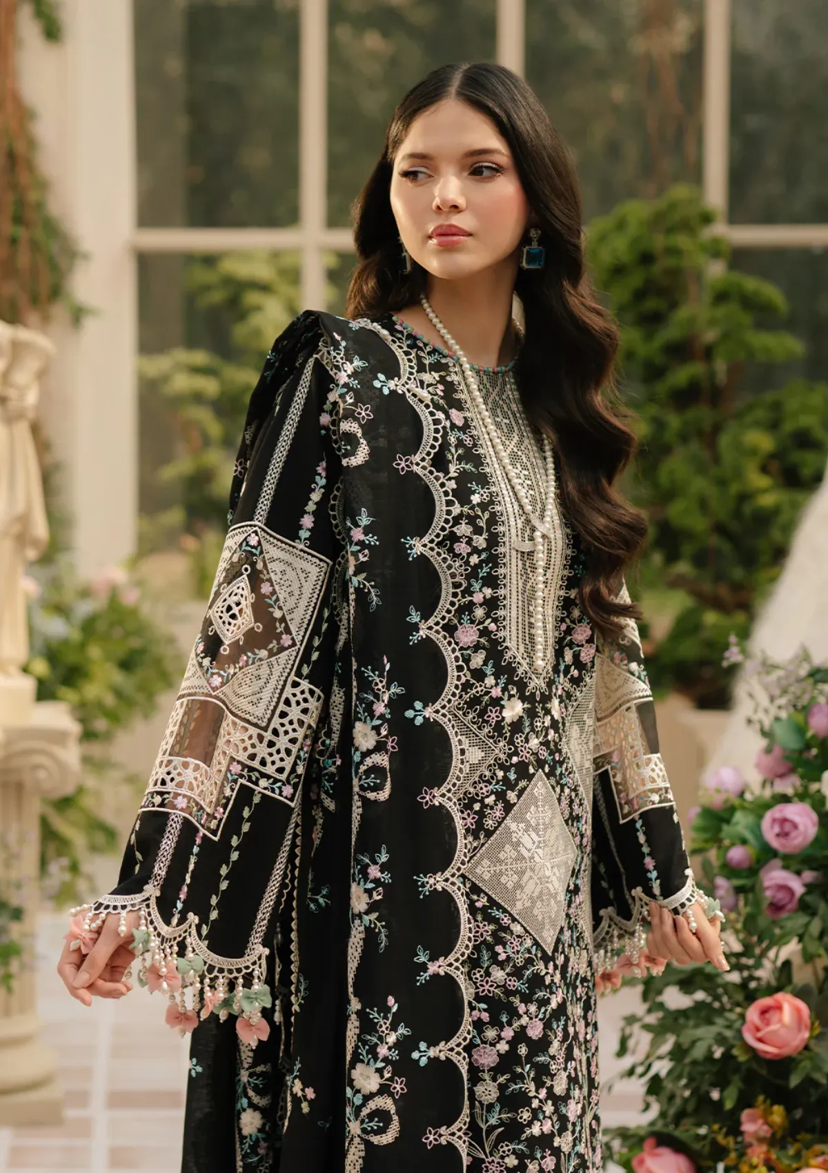 Bin Ilyas Luxury Black Embroidered 3-Piece Unstitched Lawn Suit with Cutwork Dupatta