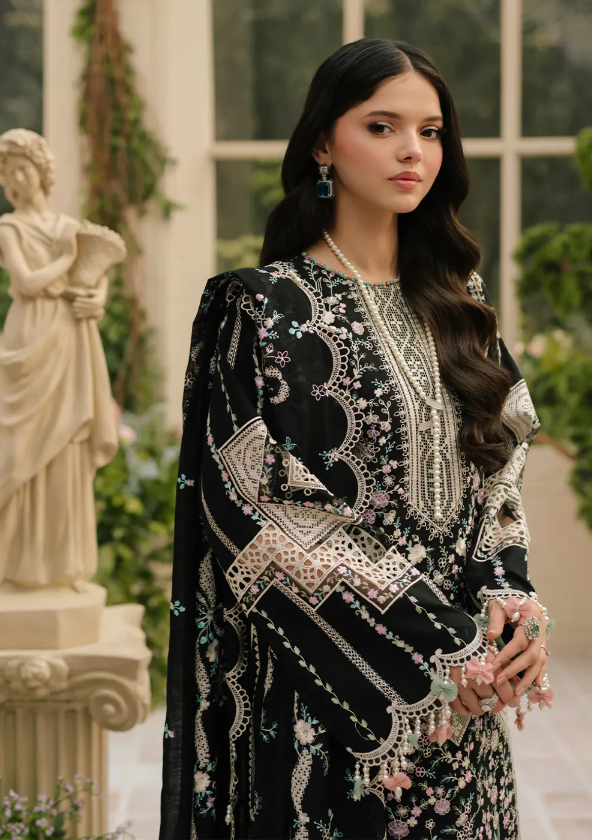 Bin Ilyas Luxury Black Embroidered 3-Piece Unstitched Lawn Suit with Cutwork Dupatta