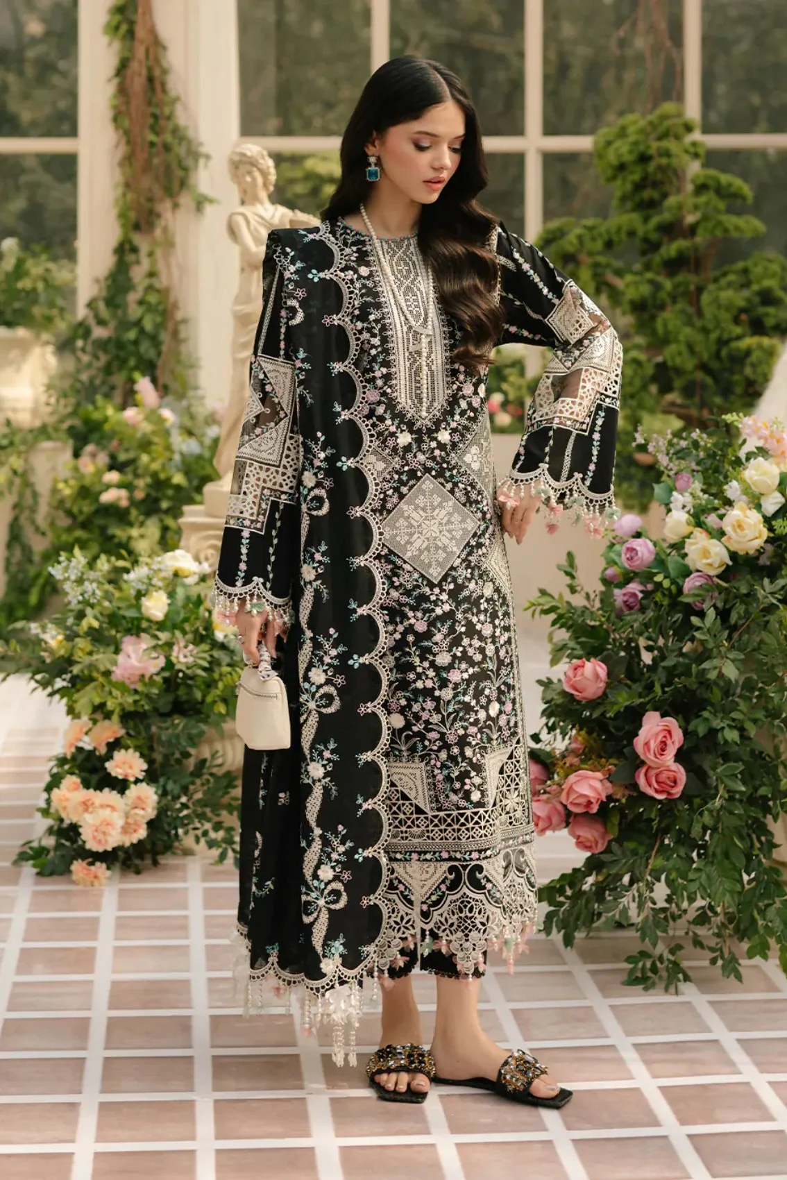 Bin Ilyas Luxury Black Embroidered 3-Piece Unstitched Lawn Suit with Cutwork Dupatta