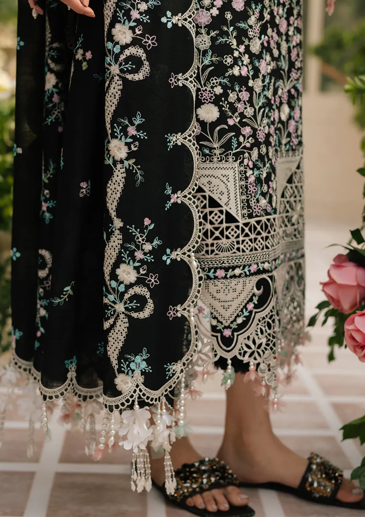 Bin Ilyas Luxury Black Embroidered 3-Piece Unstitched Lawn Suit with Cutwork Dupatta