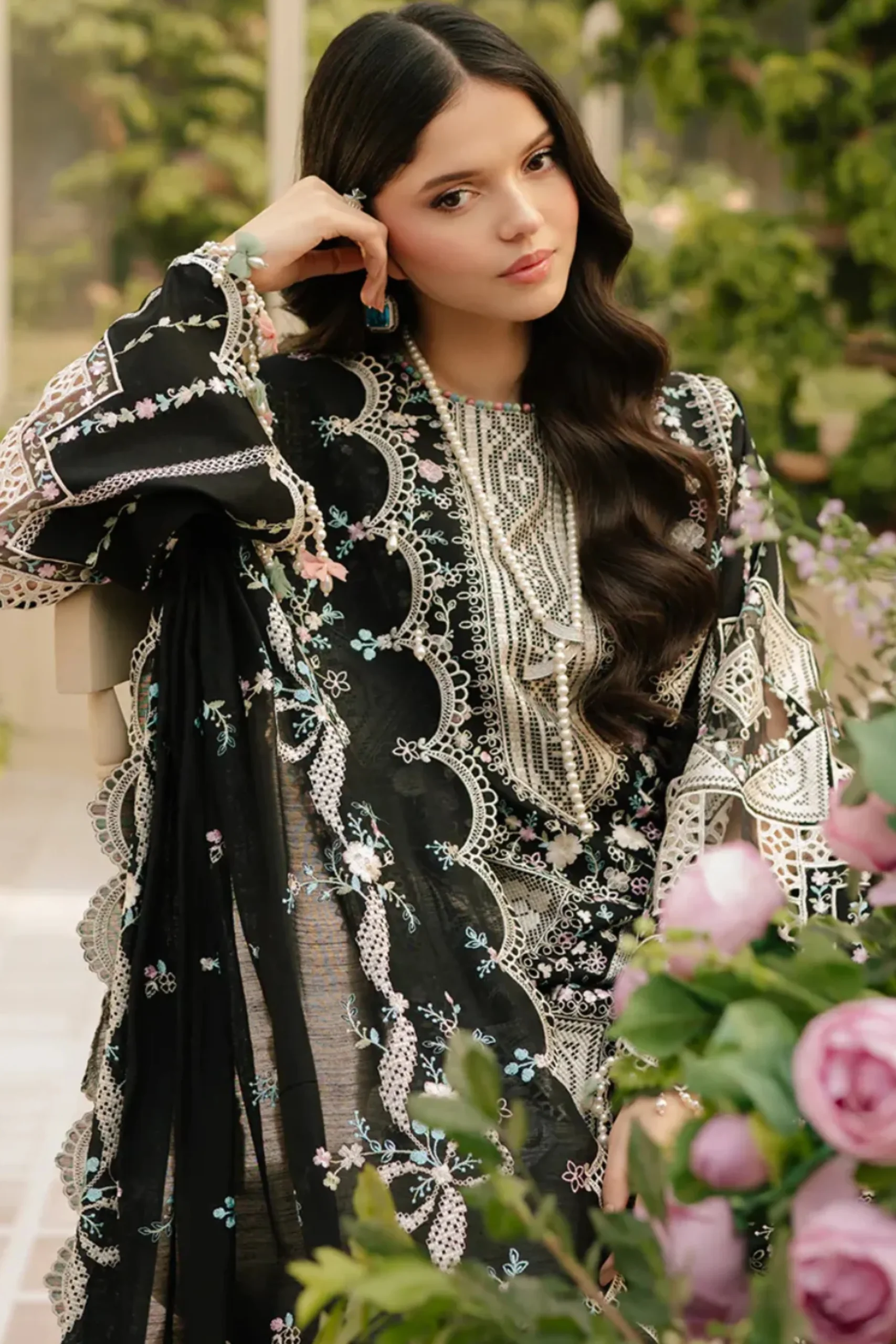 Bin Ilyas Luxury Black Embroidered 3-Piece Unstitched Lawn Suit with Cutwork Dupatta
